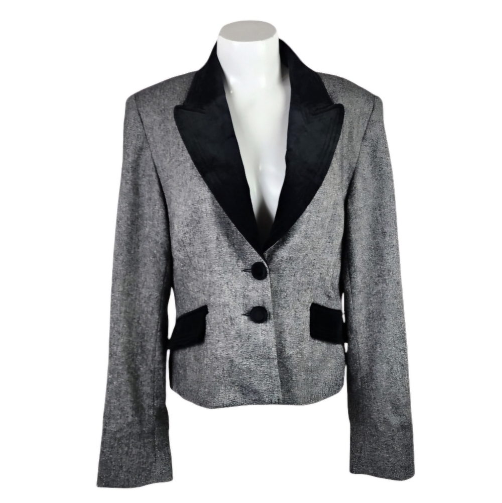 Vintage Louben Wool Tweed Blazer Velvet Accents Black White Size 10